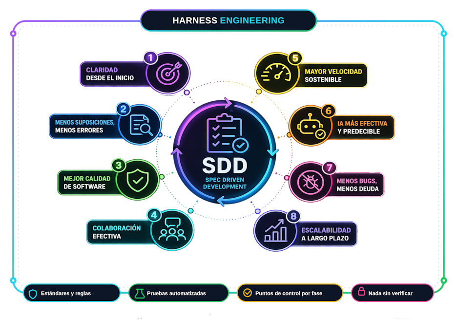 Diagrama que resume la metodología combinada de Spec-Driven Development y Harness Engineering